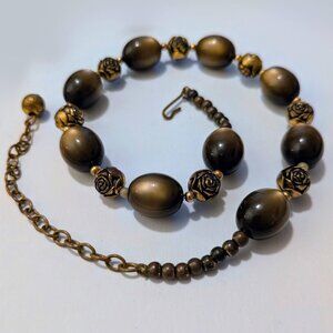 vintage brown / gold tiger's eye and rose beaded necklace